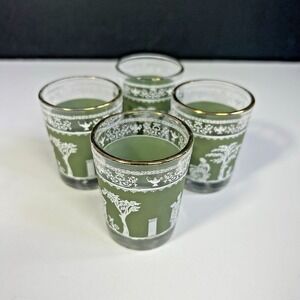 Vintage Green Jasperware Style Shot Glasses Gold Rim Classical Cameo Set of 4